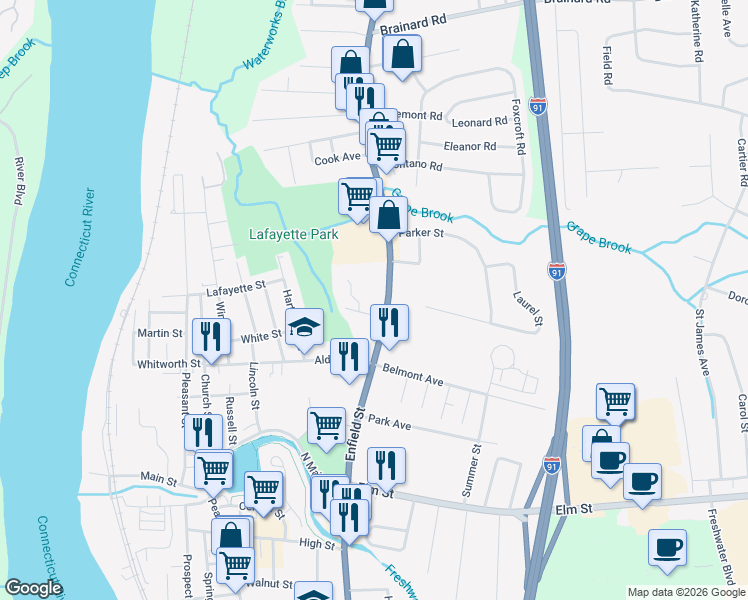 map of restaurants, bars, coffee shops, grocery stores, and more near in Enfield