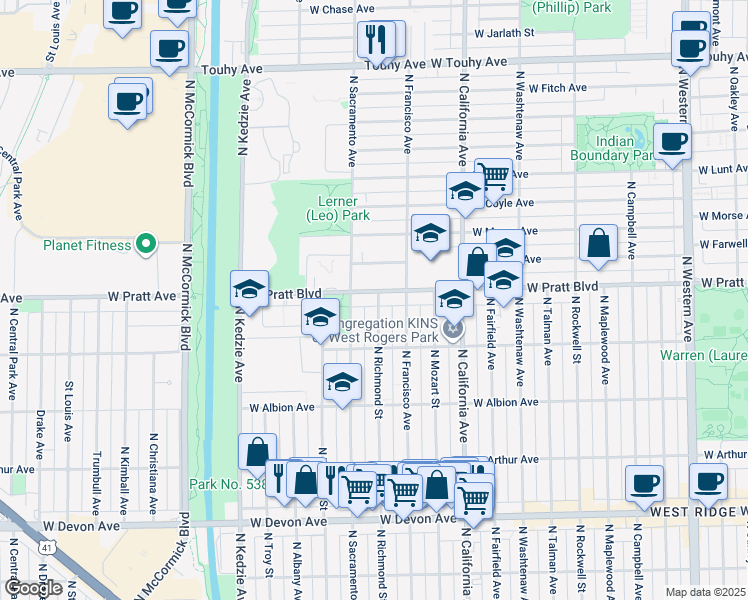 map of restaurants, bars, coffee shops, grocery stores, and more near 2937 West Pratt Boulevard in Chicago