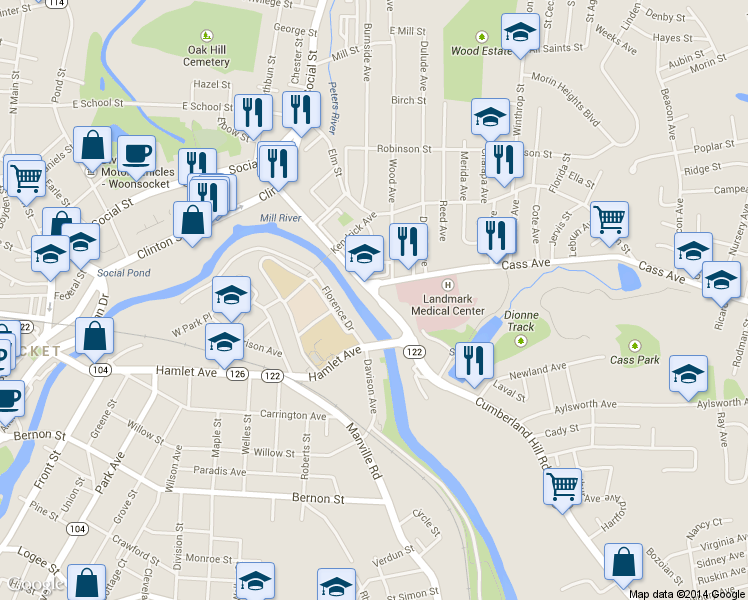 map of restaurants, bars, coffee shops, grocery stores, and more near 287 Cumberland Street in Woonsocket