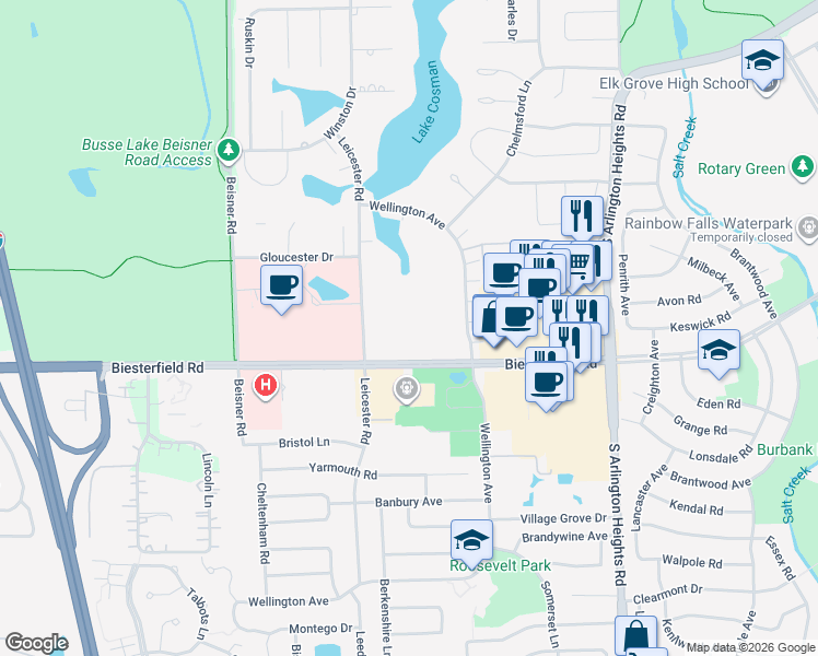 map of restaurants, bars, coffee shops, grocery stores, and more near 850 Wellington Avenue in Elk Grove Village