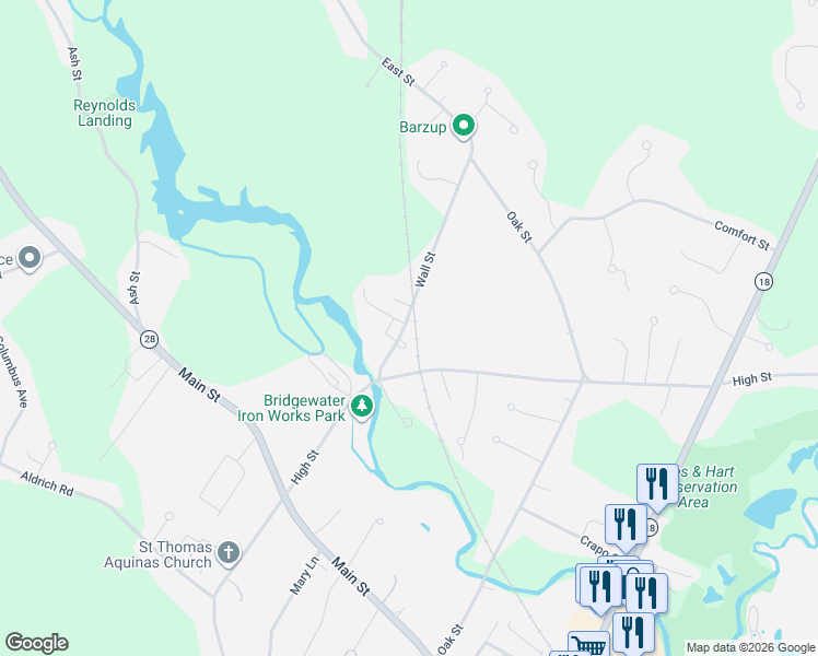 map of restaurants, bars, coffee shops, grocery stores, and more near 50 Wall Street in Bridgewater