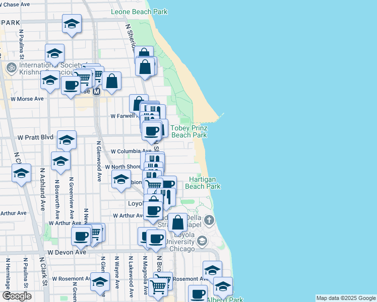 map of restaurants, bars, coffee shops, grocery stores, and more near 1101 West Columbia Avenue in Chicago