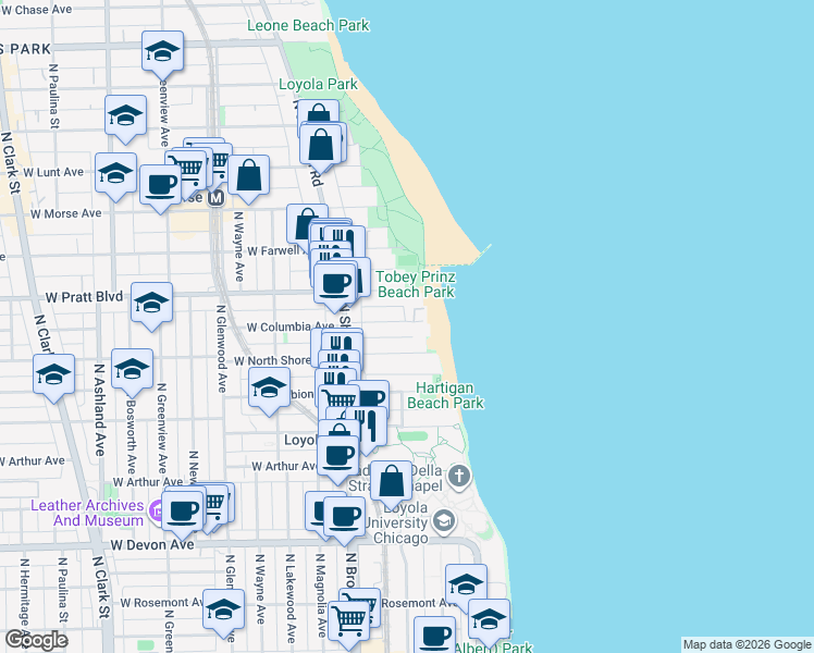 map of restaurants, bars, coffee shops, grocery stores, and more near 1059 West Columbia Avenue in Chicago