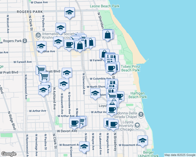 map of restaurants, bars, coffee shops, grocery stores, and more near 1258 West Columbia Avenue in Chicago