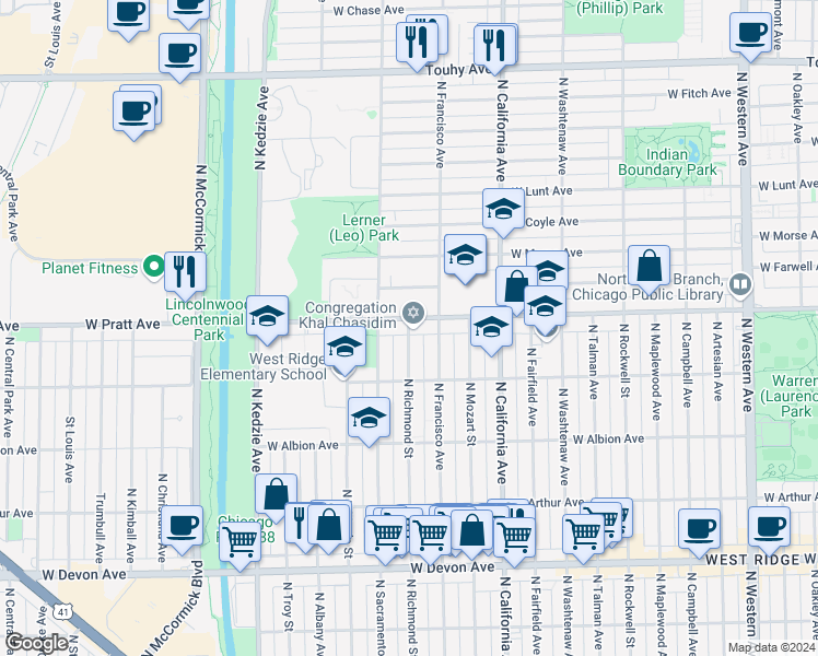 map of restaurants, bars, coffee shops, grocery stores, and more near 2937 West Pratt Boulevard in Chicago