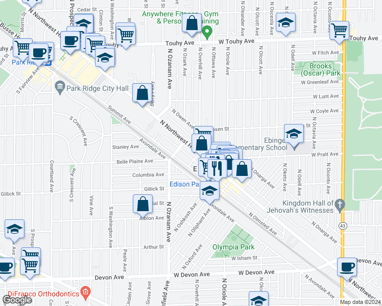 map of restaurants, bars, coffee shops, grocery stores, and more near 6830 North Overhill Avenue in Chicago
