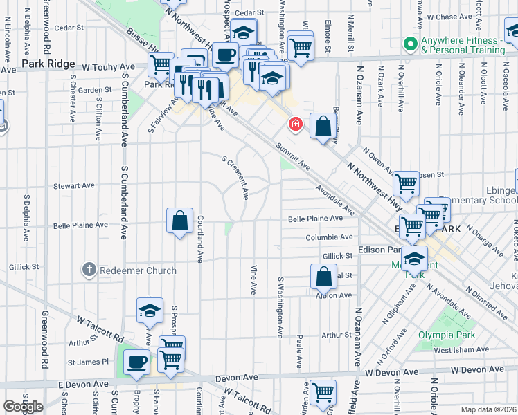 map of restaurants, bars, coffee shops, grocery stores, and more near 515 South Crescent Avenue in Park Ridge