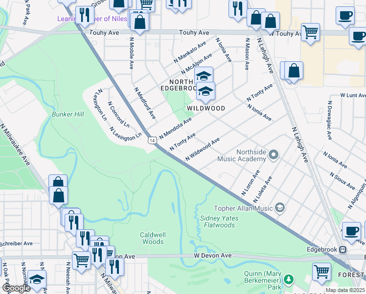 map of restaurants, bars, coffee shops, grocery stores, and more near 6819 North Tonty Avenue in Chicago