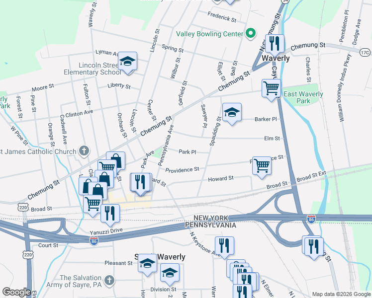 map of restaurants, bars, coffee shops, grocery stores, and more near 113-1/2 Park Place in Waverly