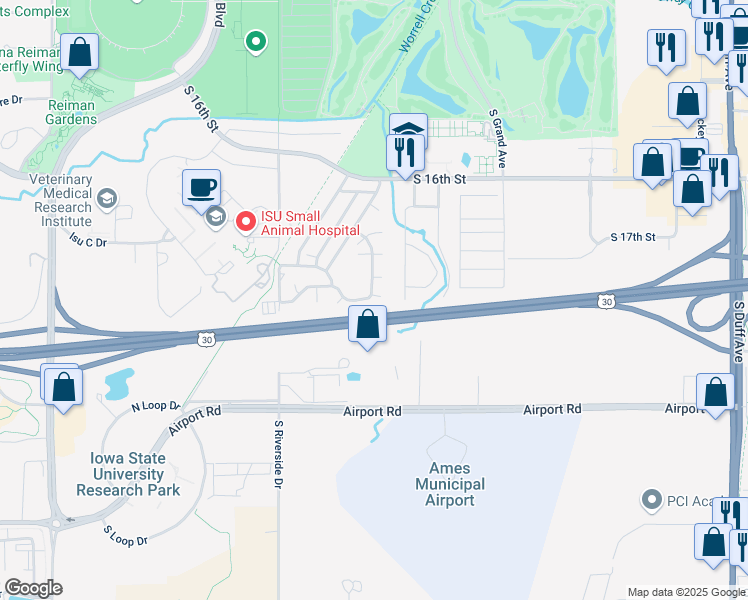 map of restaurants, bars, coffee shops, grocery stores, and more near 106 Pear Court in Ames