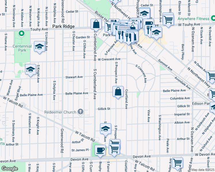 map of restaurants, bars, coffee shops, grocery stores, and more near 515 South Fairview Avenue in Park Ridge