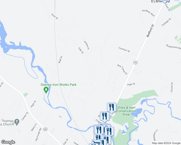 map of restaurants, bars, coffee shops, grocery stores, and more near 384 Oak Street in Bridgewater