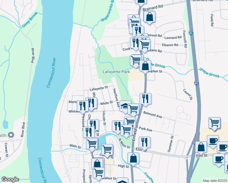 map of restaurants, bars, coffee shops, grocery stores, and more near 37 Hartford Avenue in Enfield