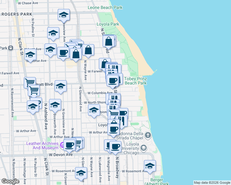 map of restaurants, bars, coffee shops, grocery stores, and more near N Sheridan Rd & W Columbia Ave in Chicago