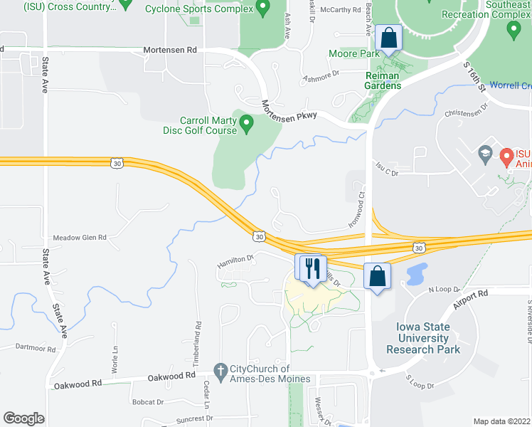 map of restaurants, bars, coffee shops, grocery stores, and more near 2212 Ironwood Court in Ames