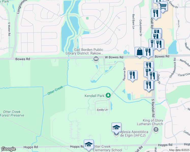 map of restaurants, bars, coffee shops, grocery stores, and more near 991 Reserve Drive in Elgin