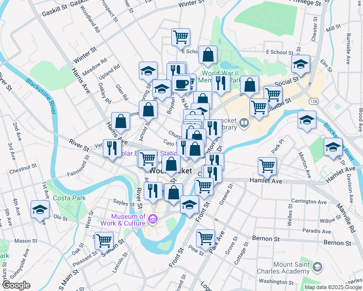 map of restaurants, bars, coffee shops, grocery stores, and more near 62 Cato Street in Woonsocket
