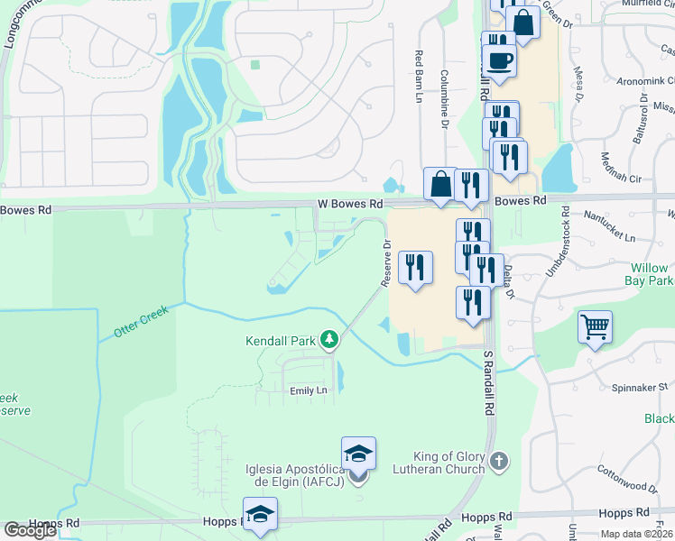 map of restaurants, bars, coffee shops, grocery stores, and more near 1021 Reserve Drive in Elgin