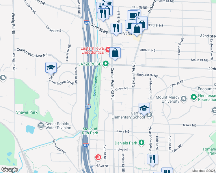 map of restaurants, bars, coffee shops, grocery stores, and more near 1515 Center Point Road Northeast in Cedar Rapids