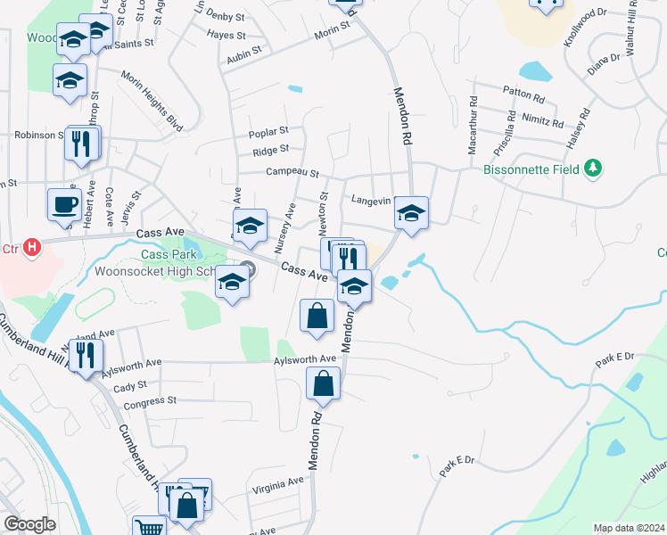 map of restaurants, bars, coffee shops, grocery stores, and more near 26 Dana Street in Woonsocket