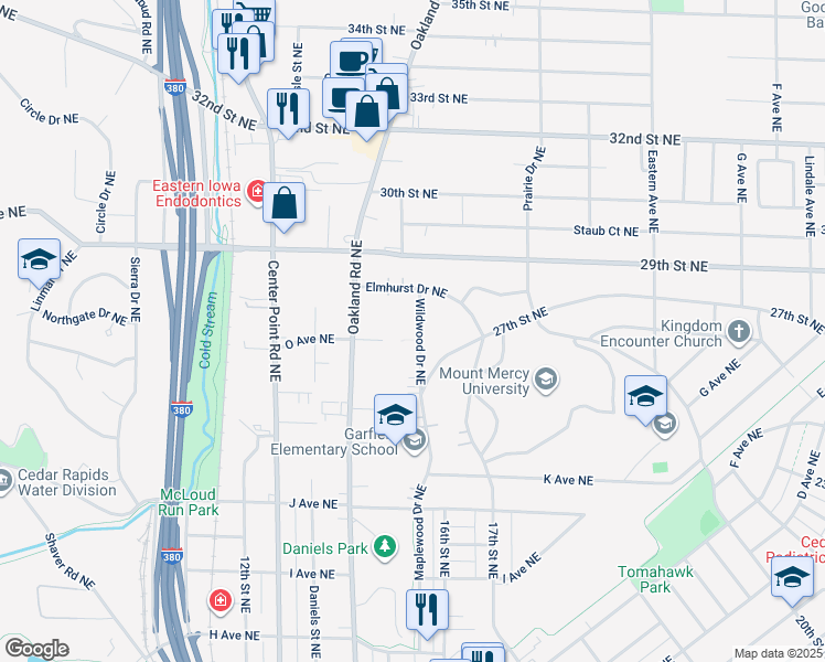 map of restaurants, bars, coffee shops, grocery stores, and more near 1609 Wildwood Drive Northeast in Cedar Rapids