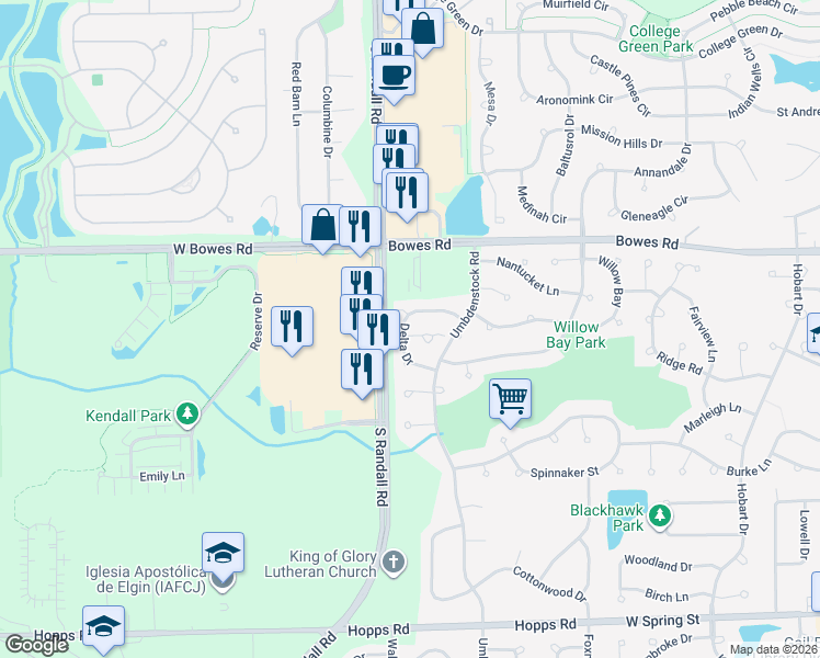 map of restaurants, bars, coffee shops, grocery stores, and more near 1130 Delta Court in Elgin