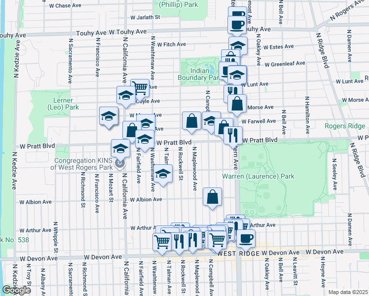 map of restaurants, bars, coffee shops, grocery stores, and more near 6749 North Rockwell Street in Chicago