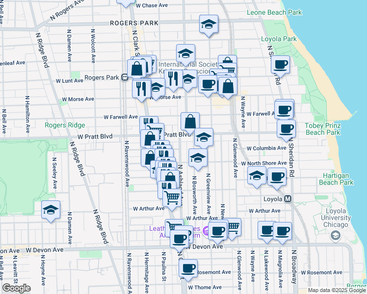 map of restaurants, bars, coffee shops, grocery stores, and more near 6733 North Ashland Avenue in Chicago