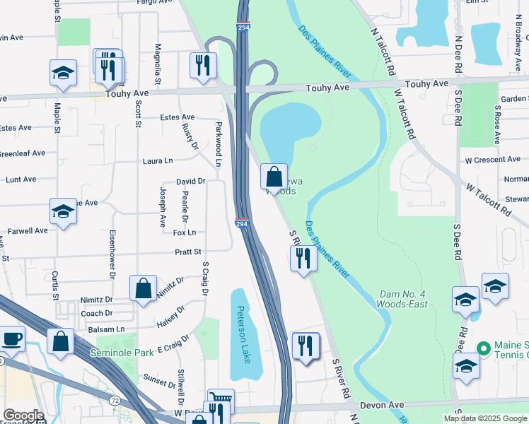 map of restaurants, bars, coffee shops, grocery stores, and more near 2700 South River Road in Des Plaines