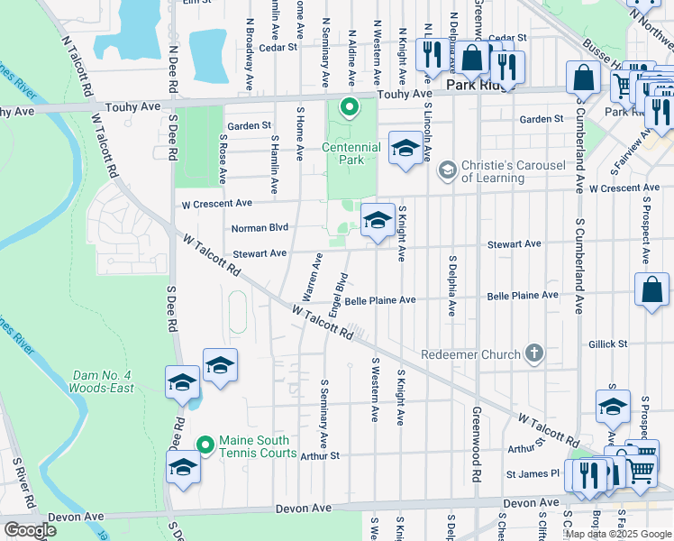 map of restaurants, bars, coffee shops, grocery stores, and more near 500 Engel Boulevard in Park Ridge