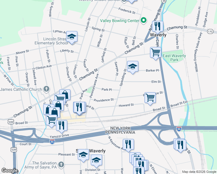 map of restaurants, bars, coffee shops, grocery stores, and more near 113-1/2 Park Pl in Waverly