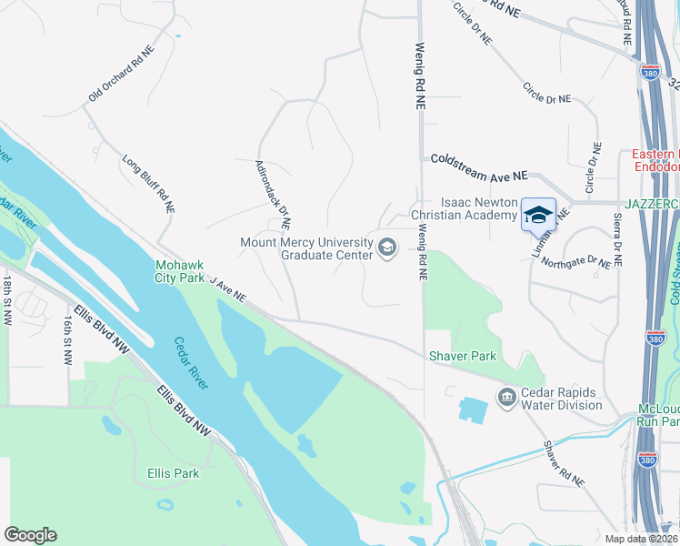 map of restaurants, bars, coffee shops, grocery stores, and more near 1514 Matterhorn Drive Northeast in Cedar Rapids