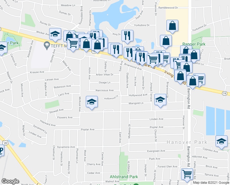 map of restaurants, bars, coffee shops, grocery stores, and more near 2011 Narcissus Avenue in Hanover Park