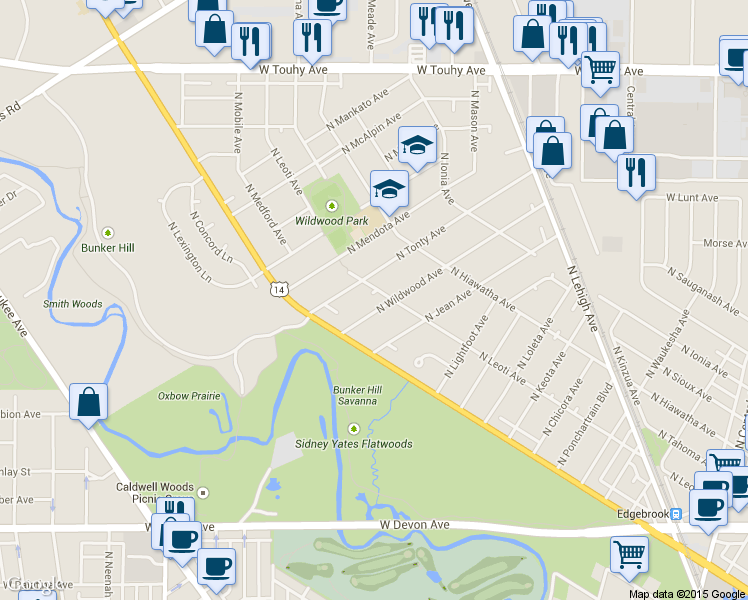 map of restaurants, bars, coffee shops, grocery stores, and more near 6750 North Wildwood Avenue in Chicago
