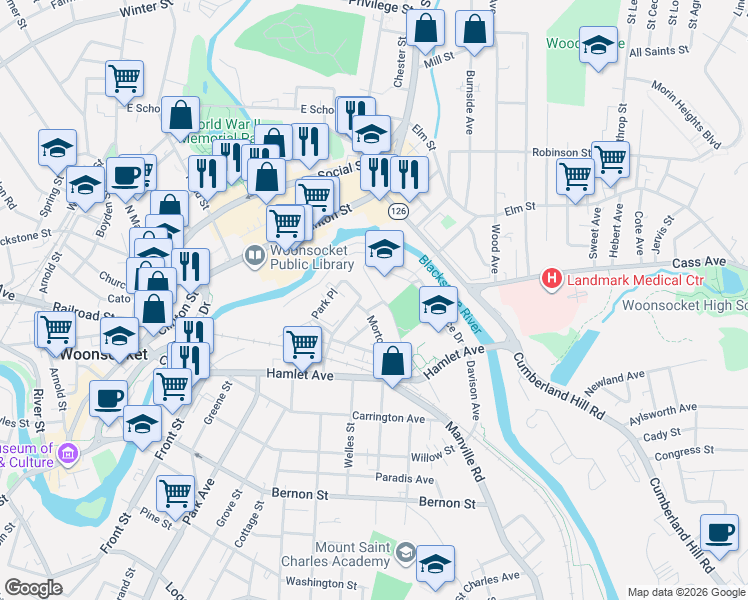 map of restaurants, bars, coffee shops, grocery stores, and more near 218 Park Place in Woonsocket