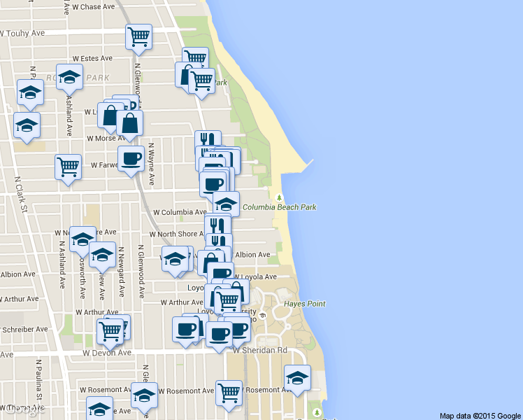 map of restaurants, bars, coffee shops, grocery stores, and more near 1101 West Columbia Avenue in Chicago