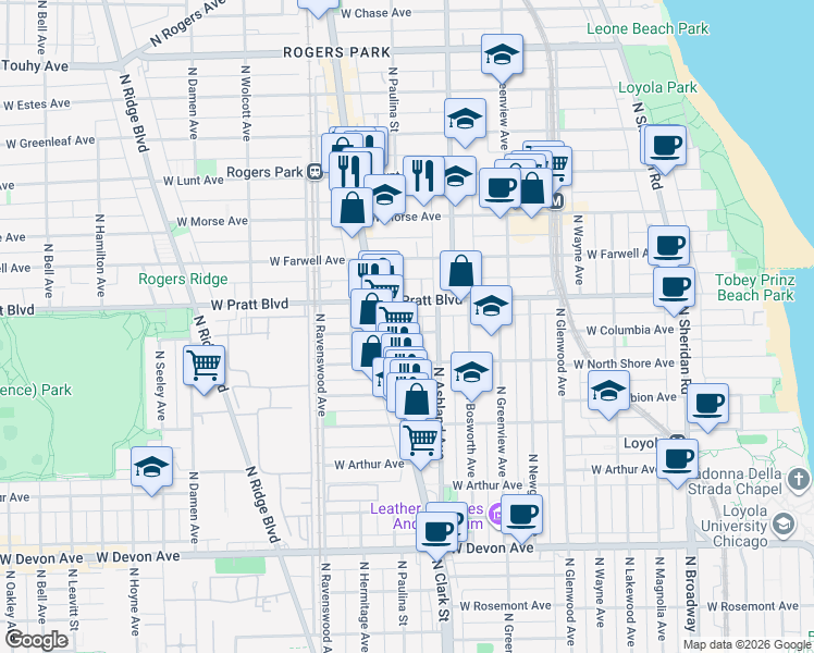 map of restaurants, bars, coffee shops, grocery stores, and more near 1632 West Columbia Avenue in Chicago