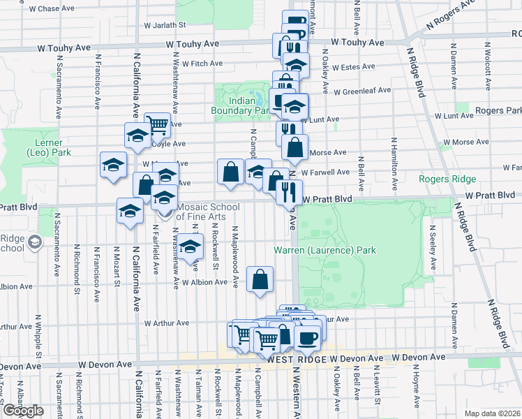 map of restaurants, bars, coffee shops, grocery stores, and more near 6744 North Artesian Avenue in Chicago