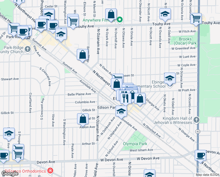 map of restaurants, bars, coffee shops, grocery stores, and more near 6830 North Overhill Avenue in Chicago