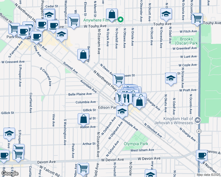 map of restaurants, bars, coffee shops, grocery stores, and more near 6830 North Overhill Avenue in Chicago