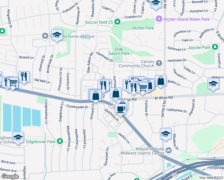 map of restaurants, bars, coffee shops, grocery stores, and more near 7451 Grant Circle in Hanover Park