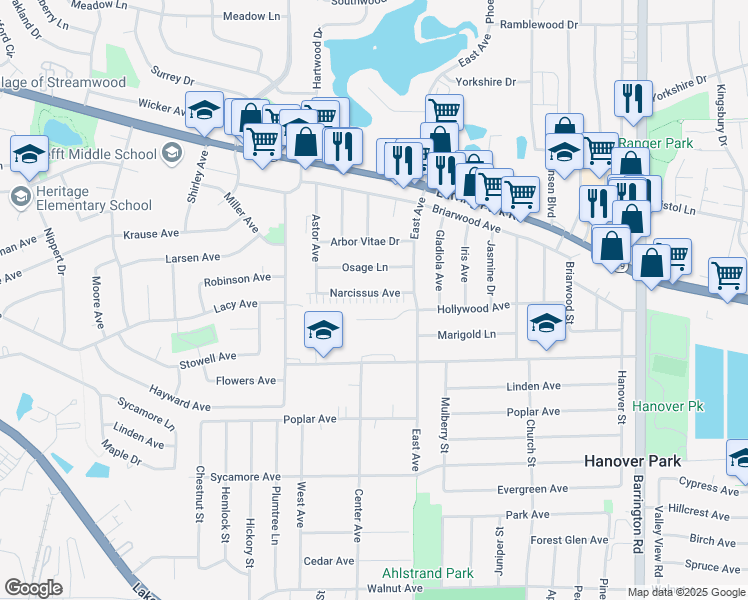 map of restaurants, bars, coffee shops, grocery stores, and more near 2061 Narcissus Avenue in Hanover Park
