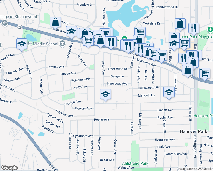 map of restaurants, bars, coffee shops, grocery stores, and more near 2121 Narcissus Avenue in Hanover Park