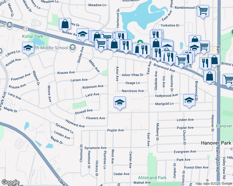 map of restaurants, bars, coffee shops, grocery stores, and more near 1673 McKool Avenue in Streamwood