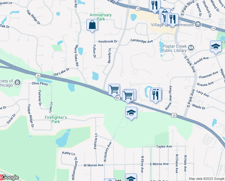 map of restaurants, bars, coffee shops, grocery stores, and more near 562 Deere Park Circle in Bartlett
