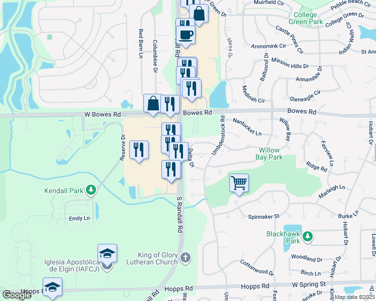 map of restaurants, bars, coffee shops, grocery stores, and more near 1132 Delta Court in Elgin