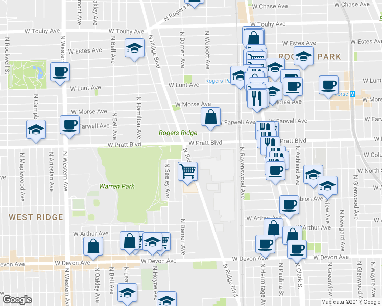 map of restaurants, bars, coffee shops, grocery stores, and more near 1942 W Columbia Ave in Chicago