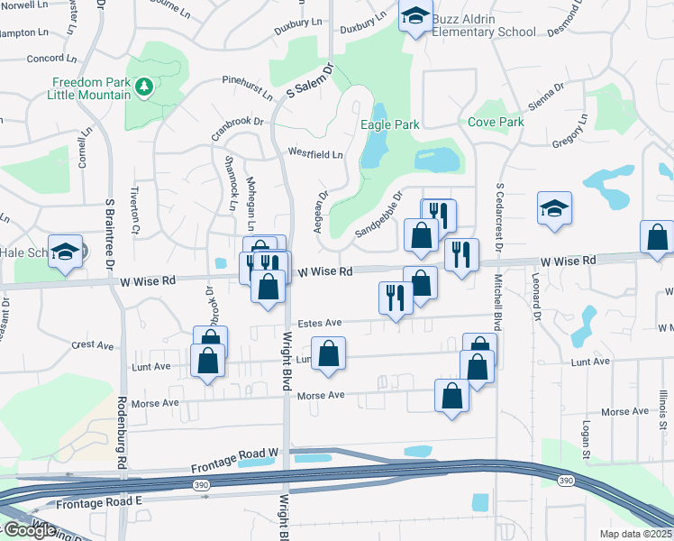 map of restaurants, bars, coffee shops, grocery stores, and more near 801 West Wise Road in Schaumburg