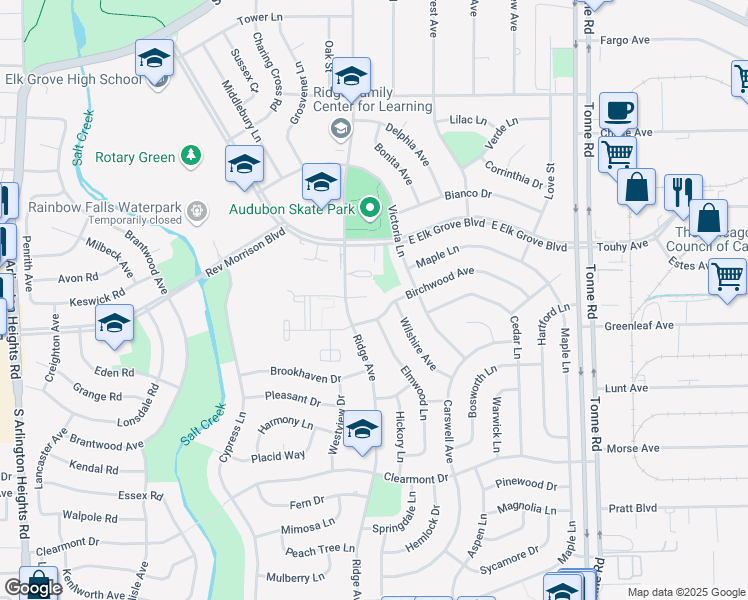 map of restaurants, bars, coffee shops, grocery stores, and more near 917 Ridge Court in Elk Grove Village