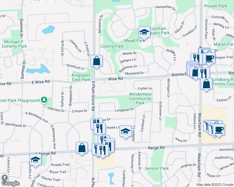 map of restaurants, bars, coffee shops, grocery stores, and more near 905 Knottingham Drive in Schaumburg
